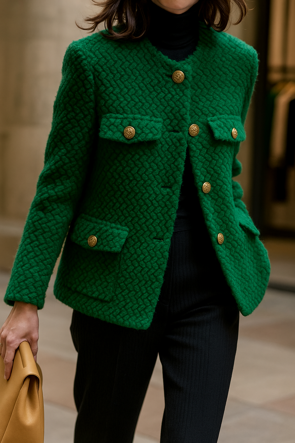 Elspeth | Chaqueta de tweed texturizado con botones dorados