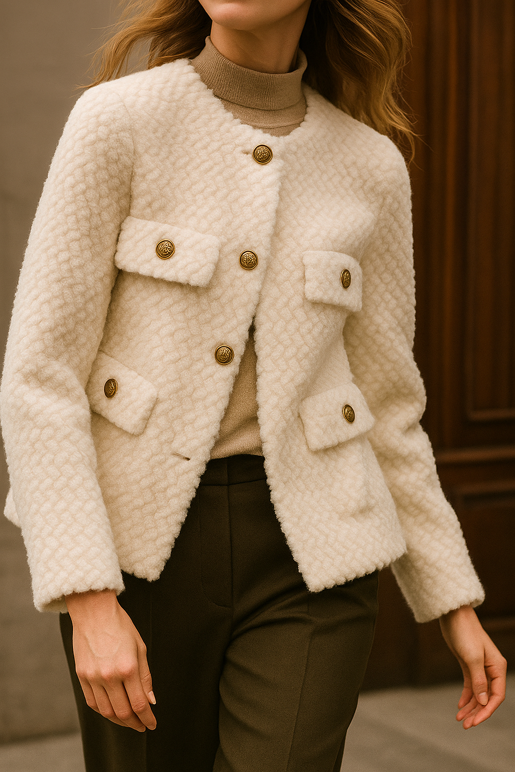 Elspeth | Chaqueta de tweed texturizado con botones dorados