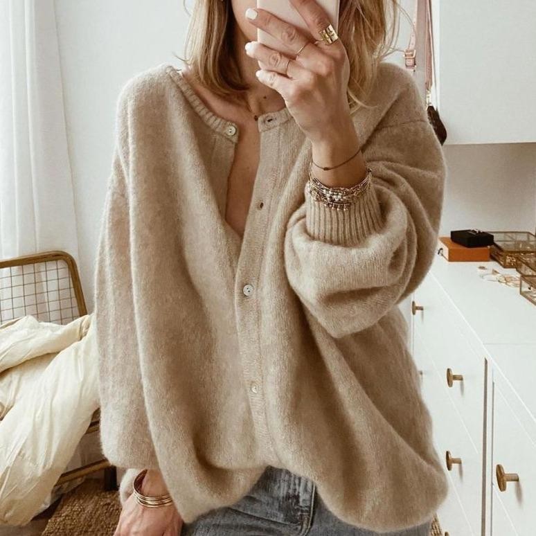 Brown balloon sleeve button cardigan