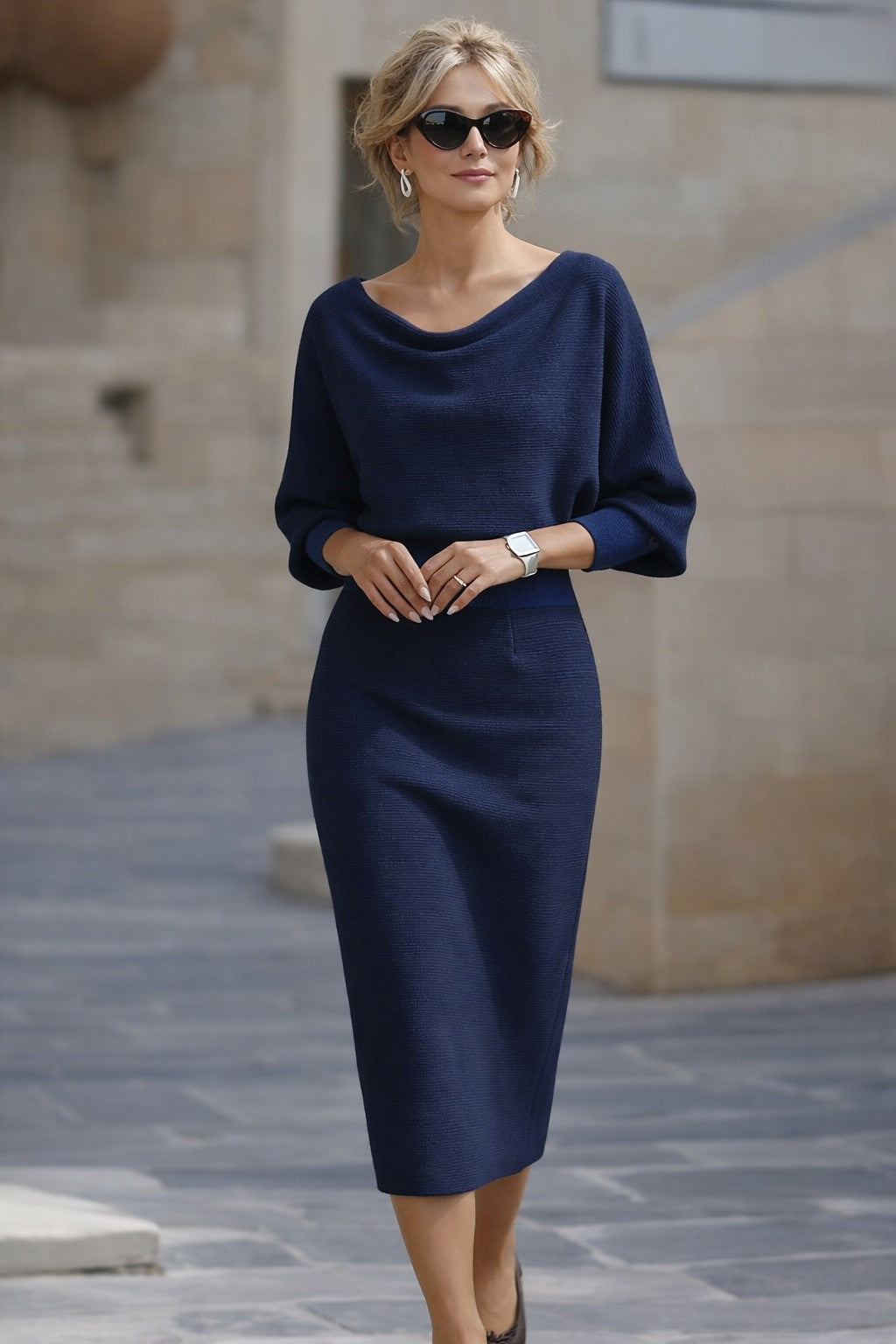 Blue batwing draped knit midi dress