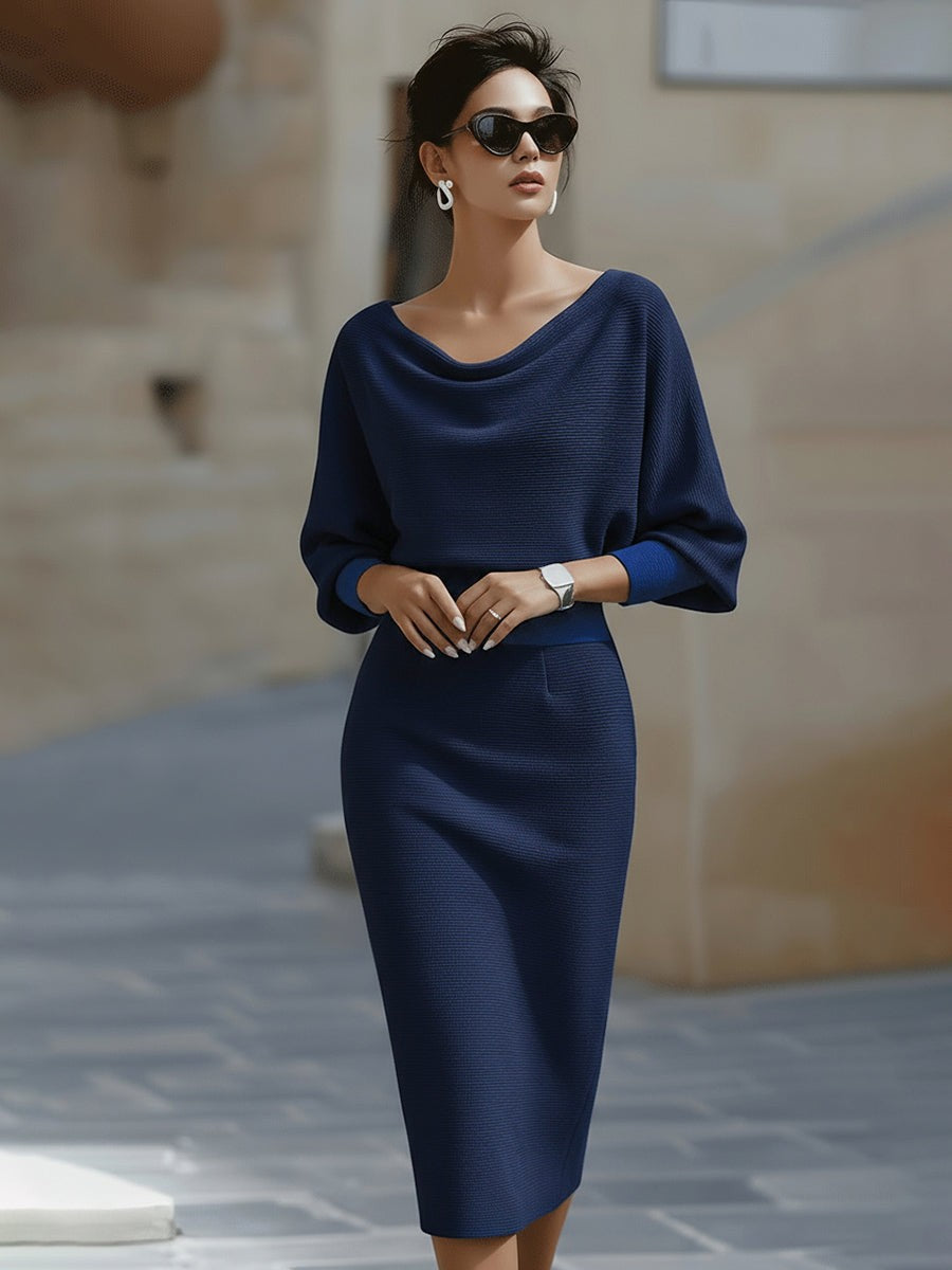 Batwing draped knit midi dress