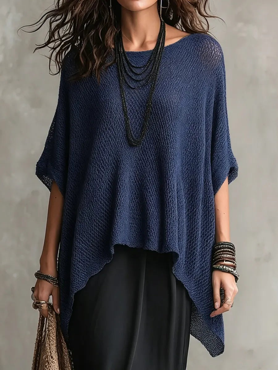 Navy batwing open knit poncho