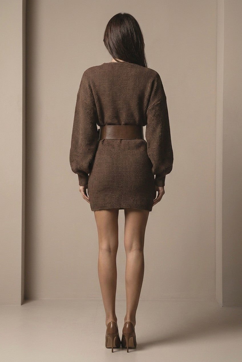 Belted boat-neck knit mini dress