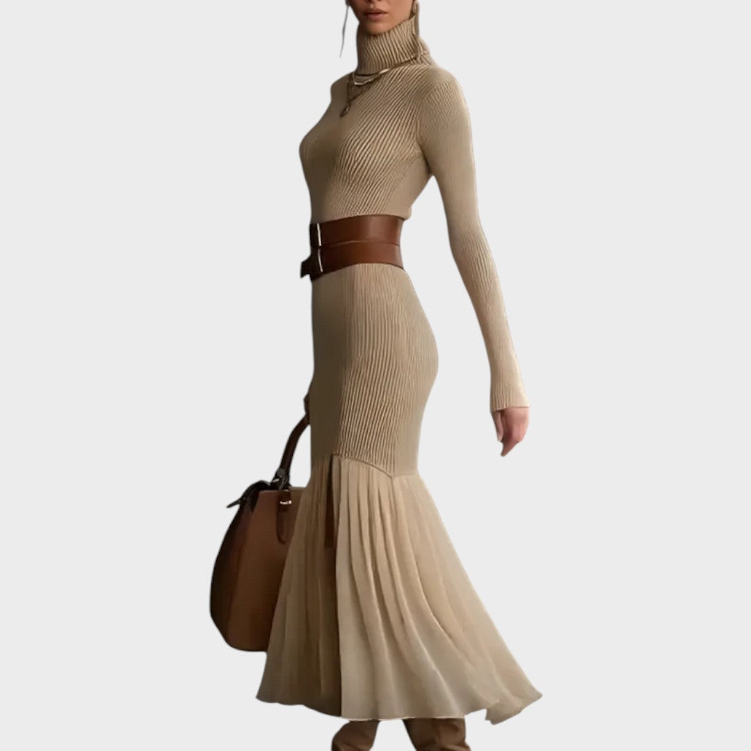 Belted roll neck knit midi dress