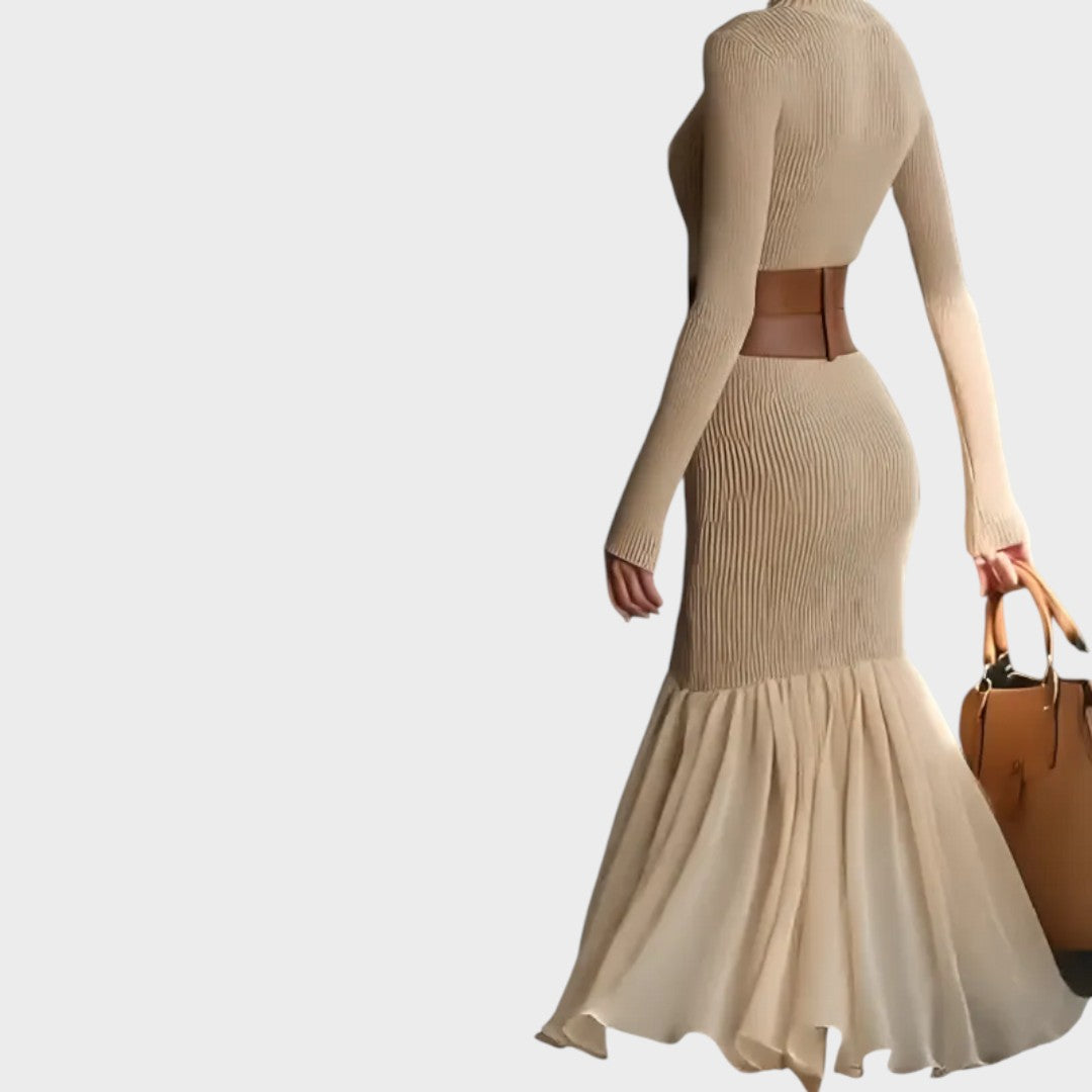 Belted roll neck knit midi dress