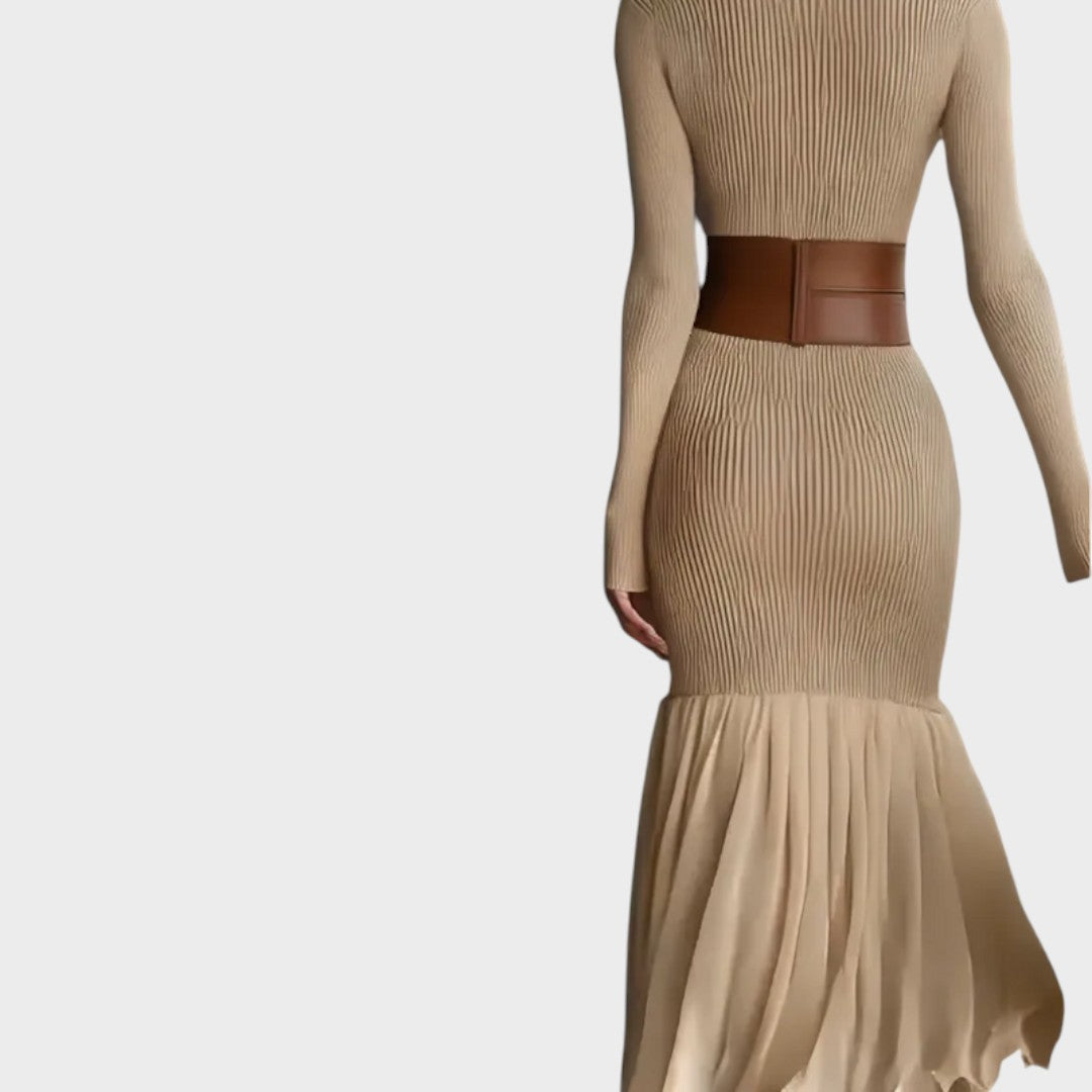 Belted roll neck knit midi dress