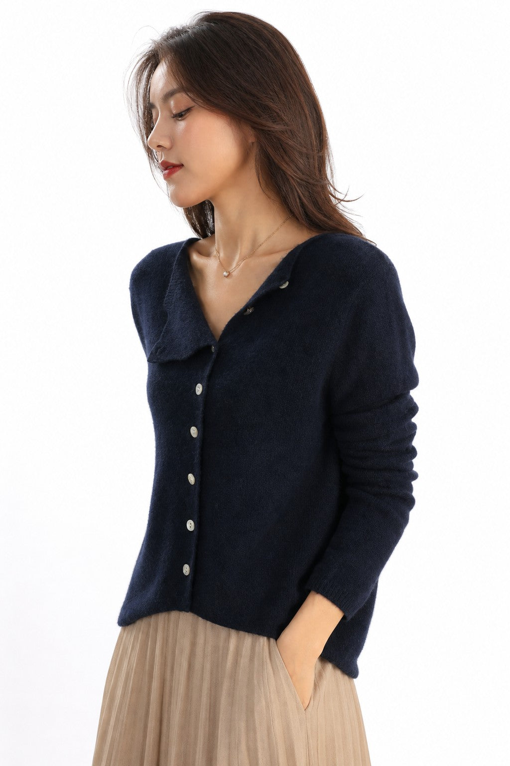 Navy boat-neck side-button cardigan