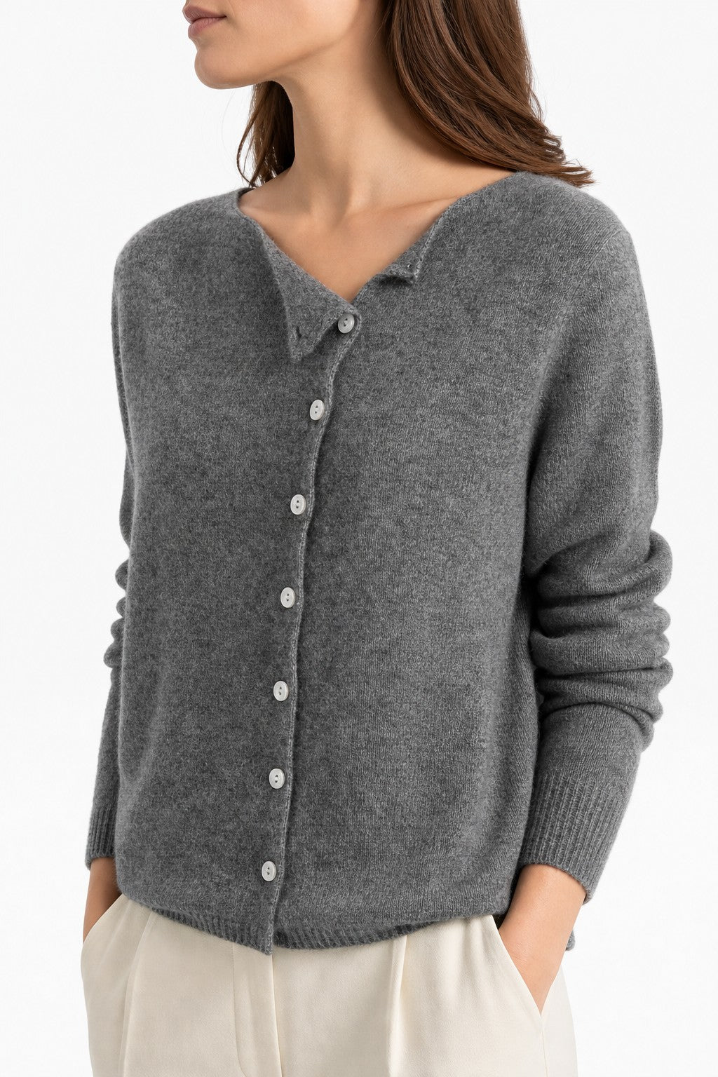 Gray boat-neck side-button cardigan