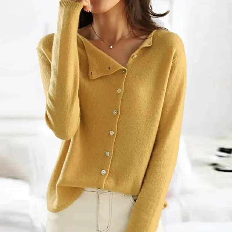 Yellow boat-neck side-button cardigan