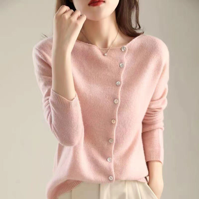 Boat-neck side-button cardigan