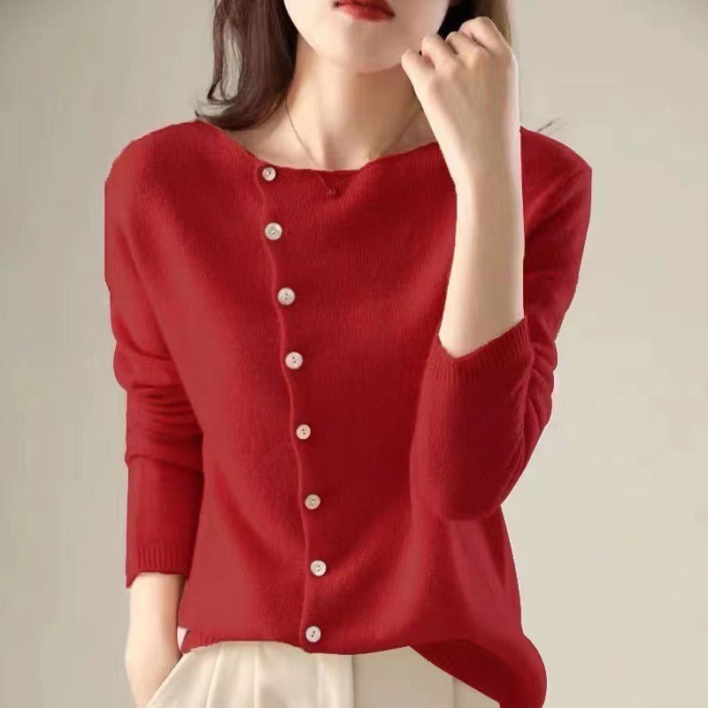 Boat-neck side-button cardigan