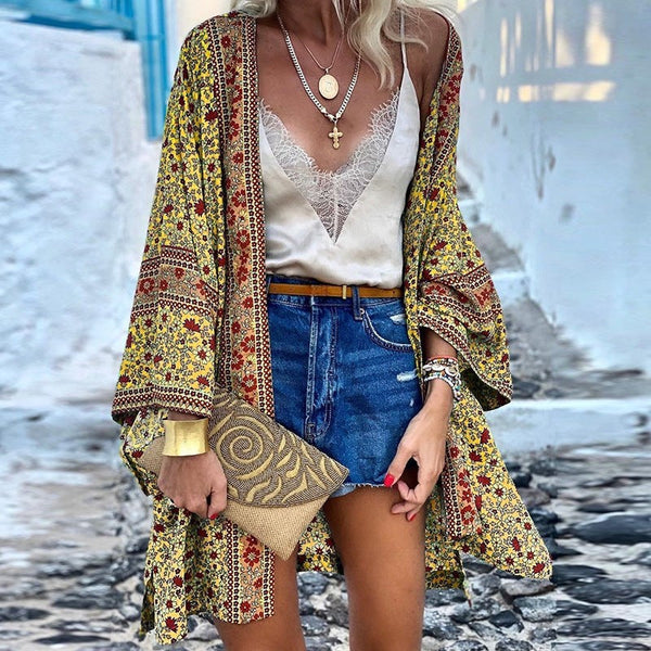 Yellow boho floral kimono cardigan