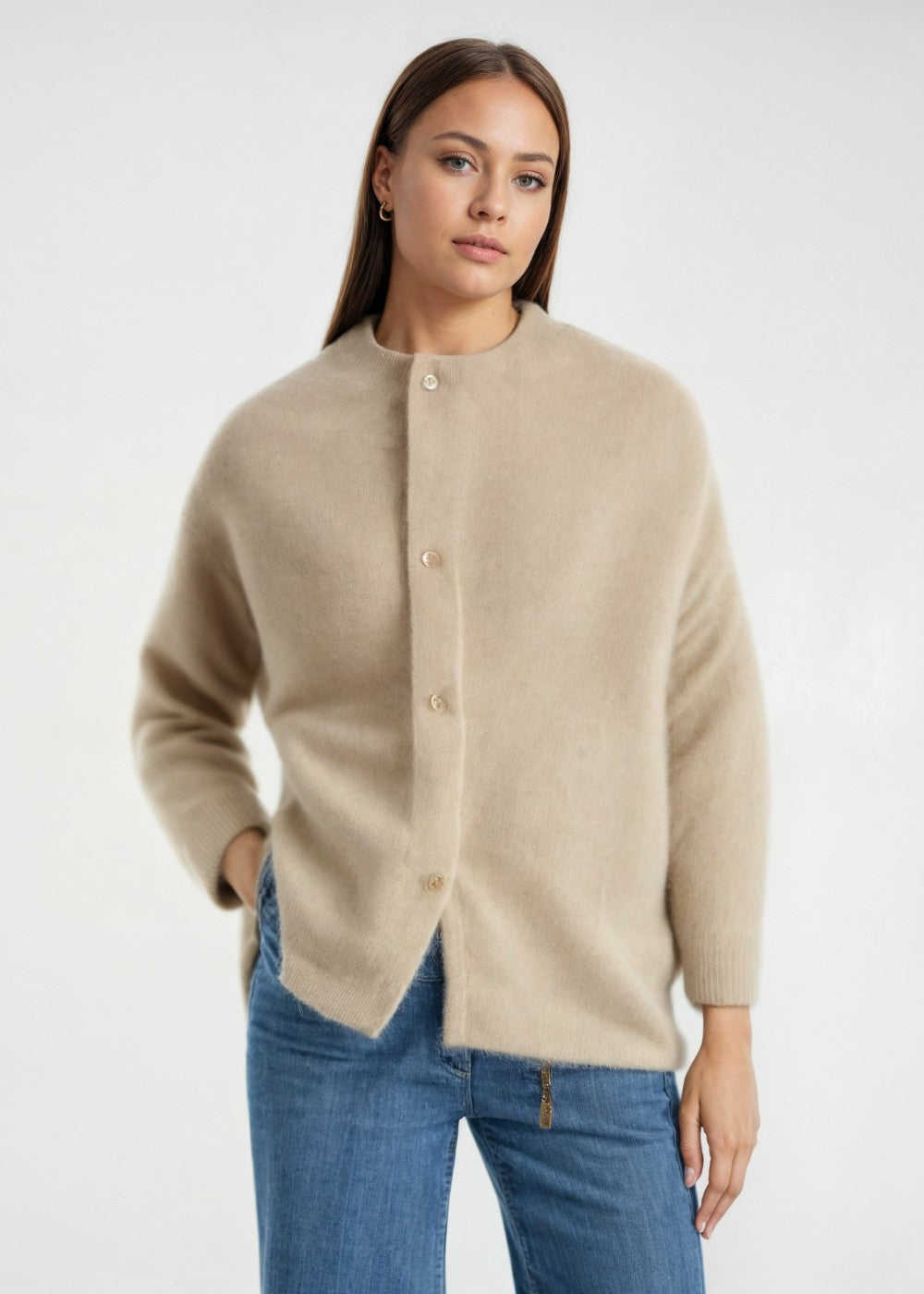 Brushed collarless longline cardigan