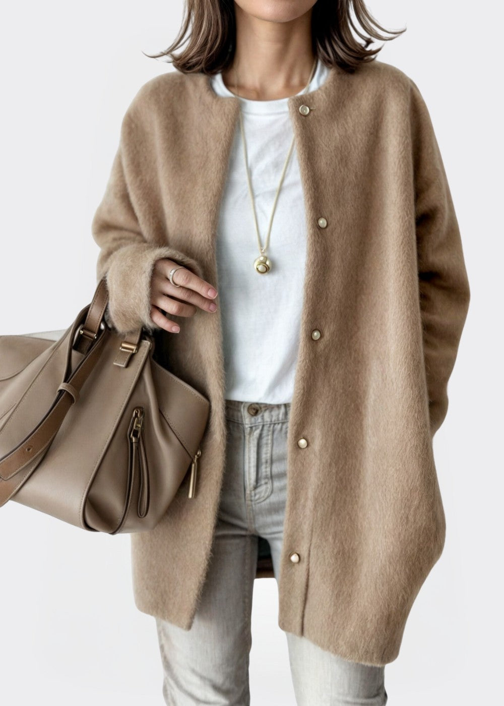 Khaki brushed collarless longline cardigan