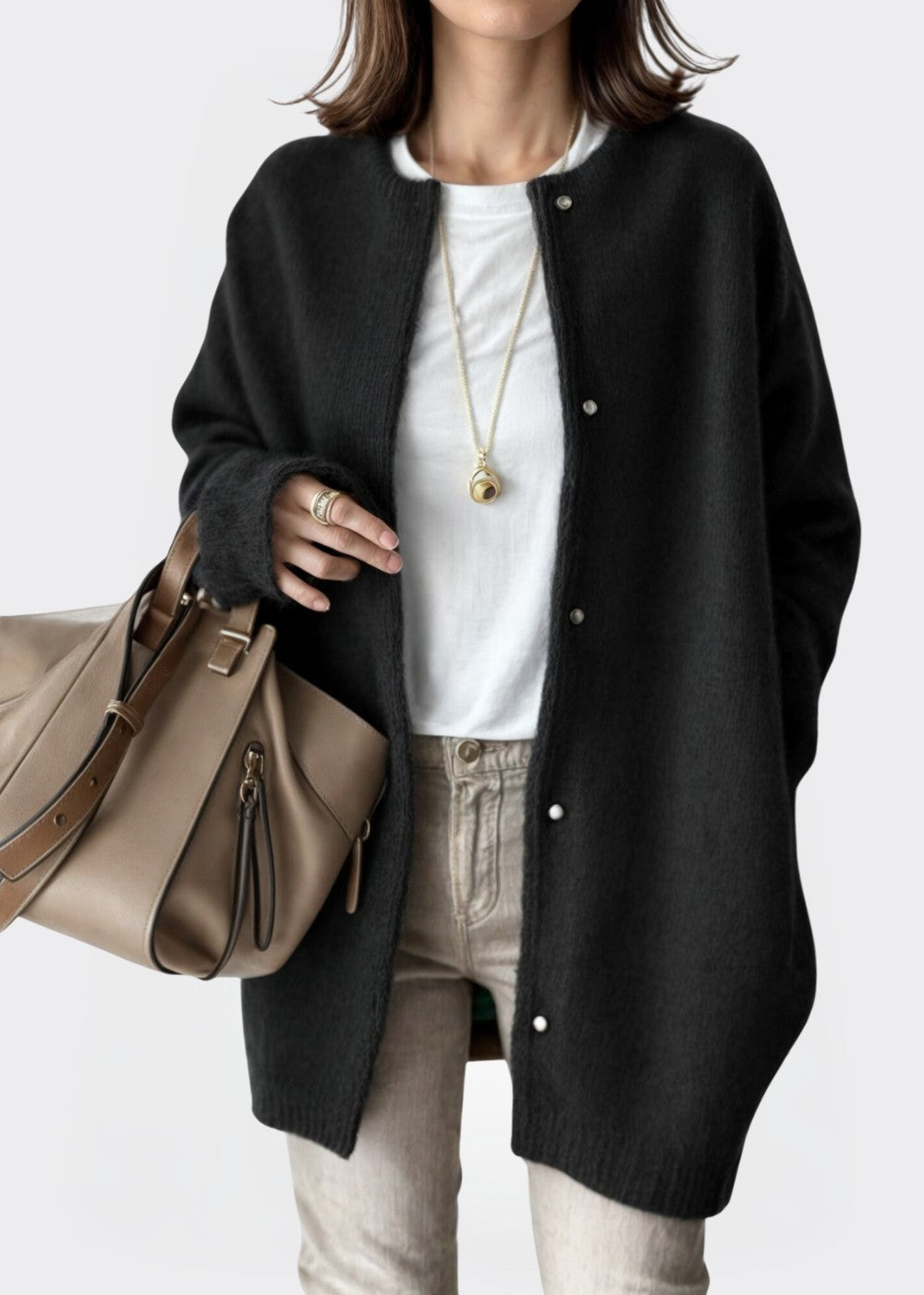 Black brushed collarless longline cardigan