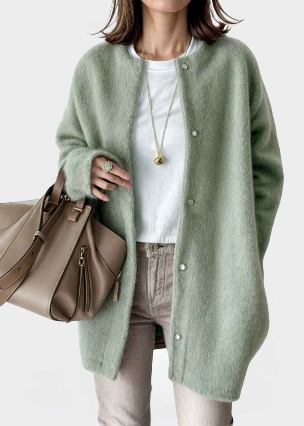 Light Green brushed collarless longline cardigan