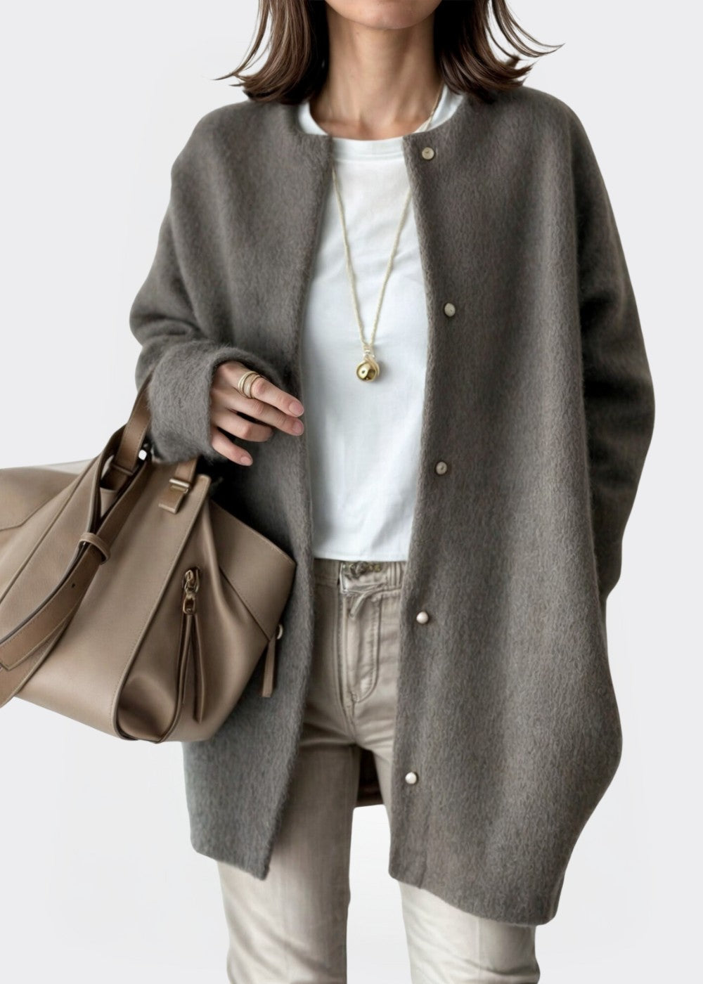 Grey brushed collarless longline cardigan