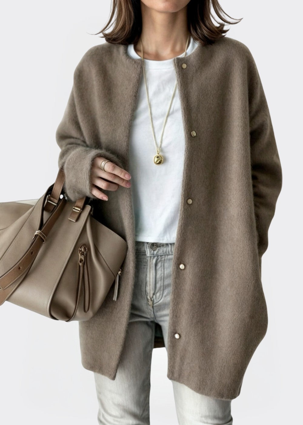 Coffee brushed collarless longline cardigan