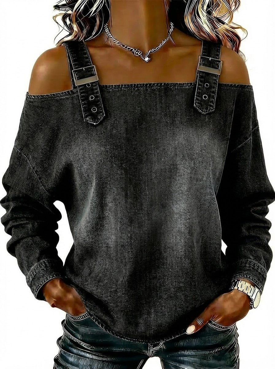 Buckle cold shoulder denim blouse