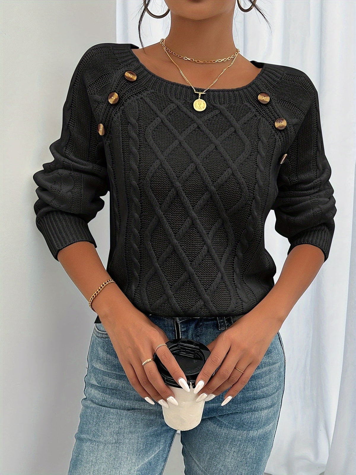 Black button shoulder cable knit wool jumper