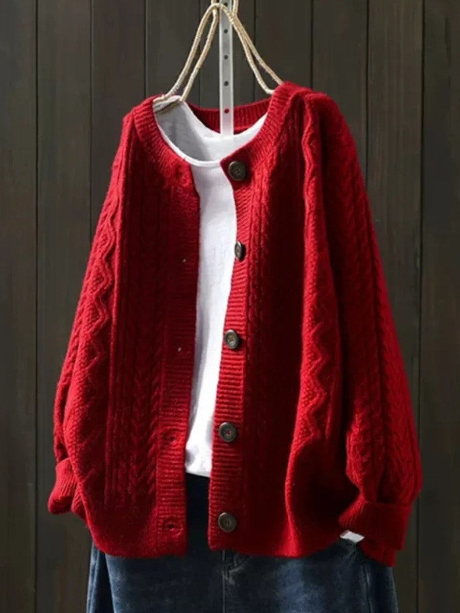 Red cable-knit button-front cardigan