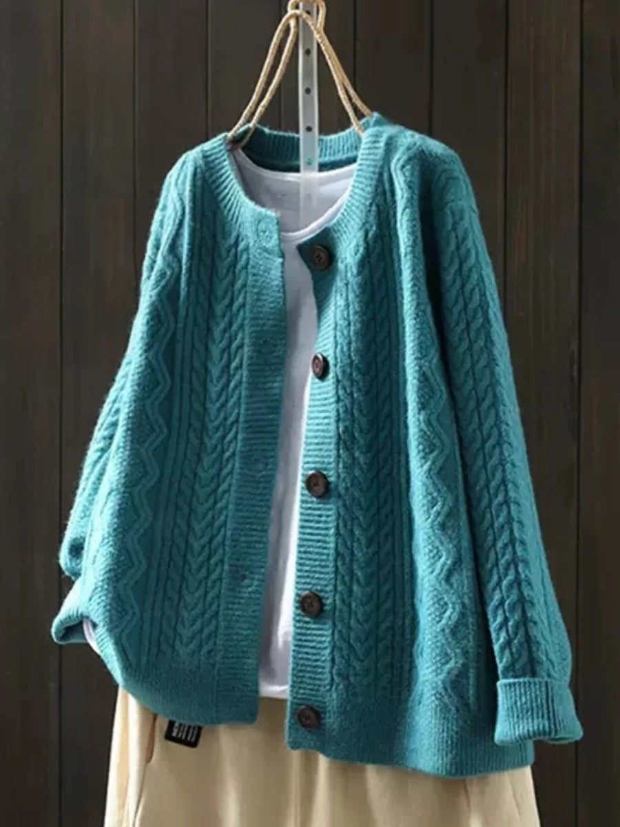 Blue cable-knit button-front cardigan