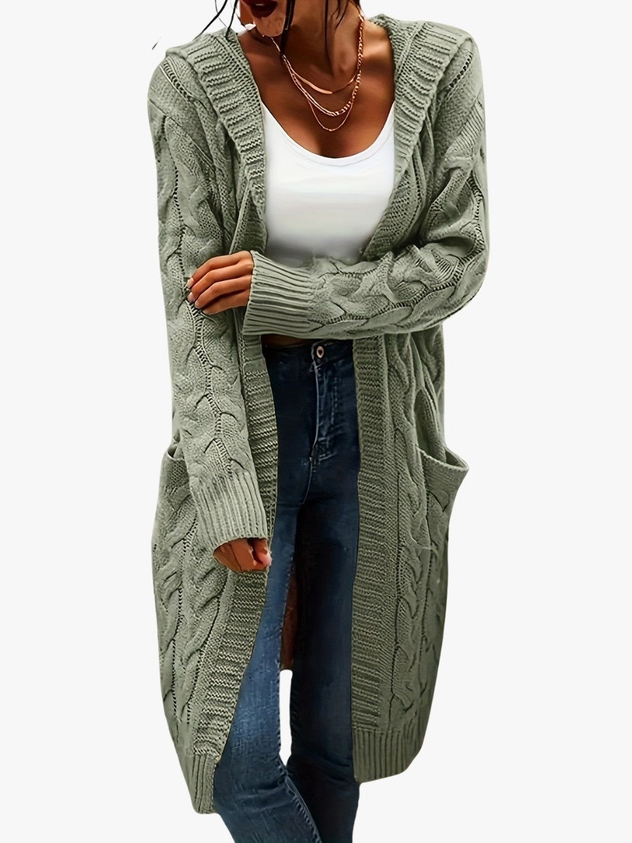 Cable-knit hooded longline cardigan