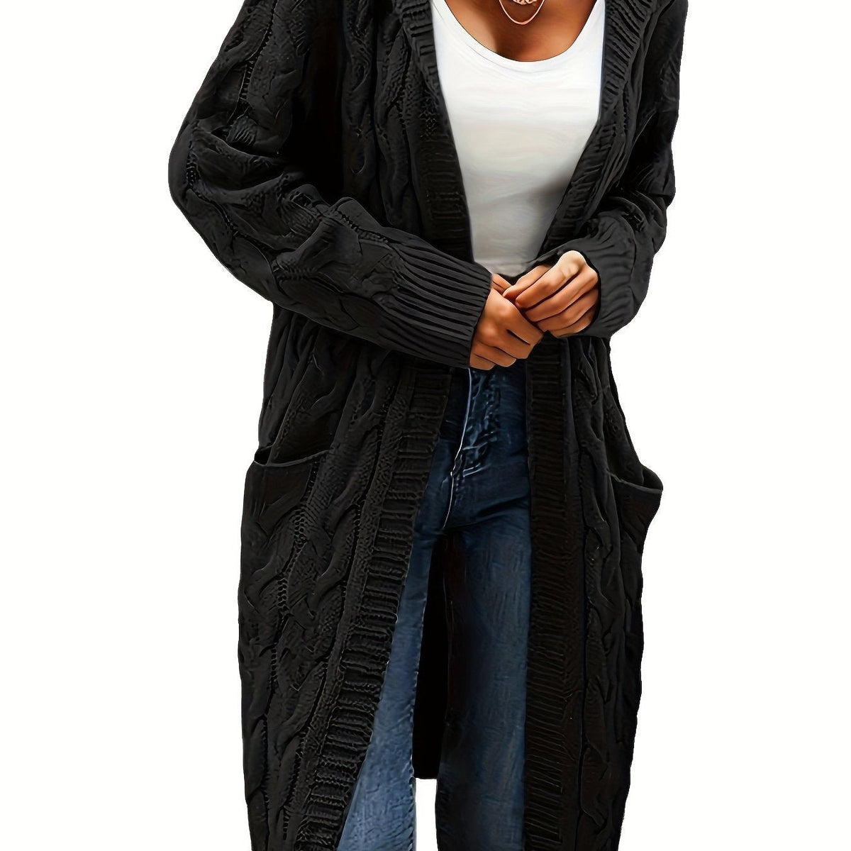 Black cable-knit hooded longline cardigan