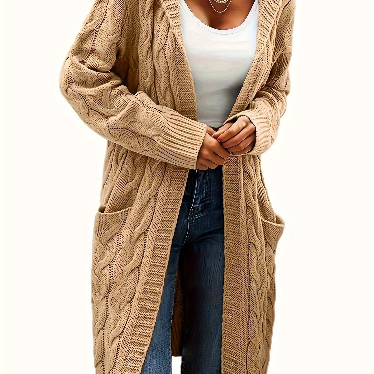 Khaki cable-knit hooded longline cardigan