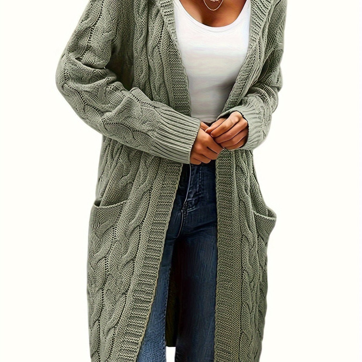 Green cable-knit hooded longline cardigan