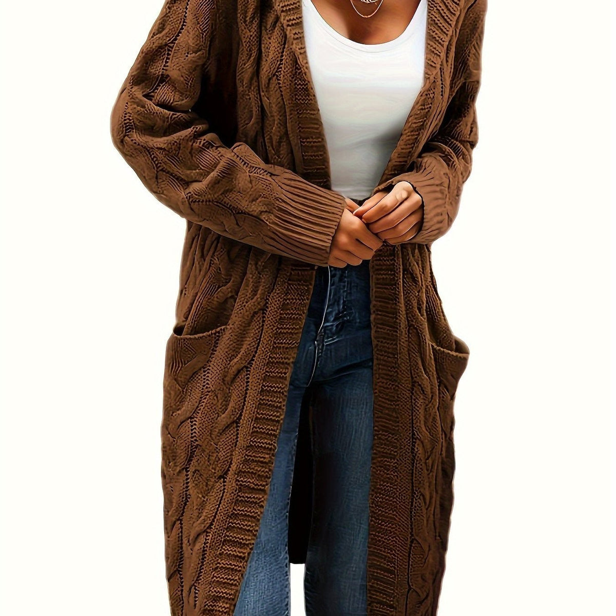Brown cable-knit hooded longline cardigan