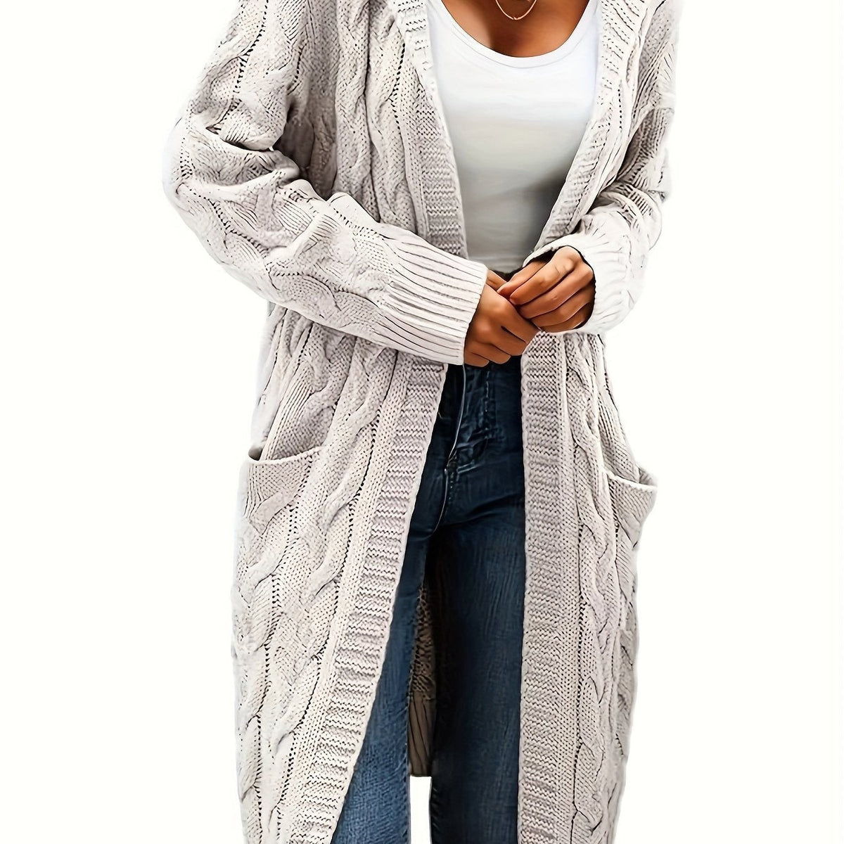 White cable-knit hooded longline cardigan