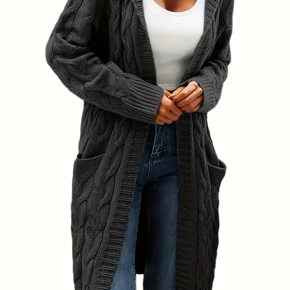 Dark Grey cable-knit hooded longline cardigan