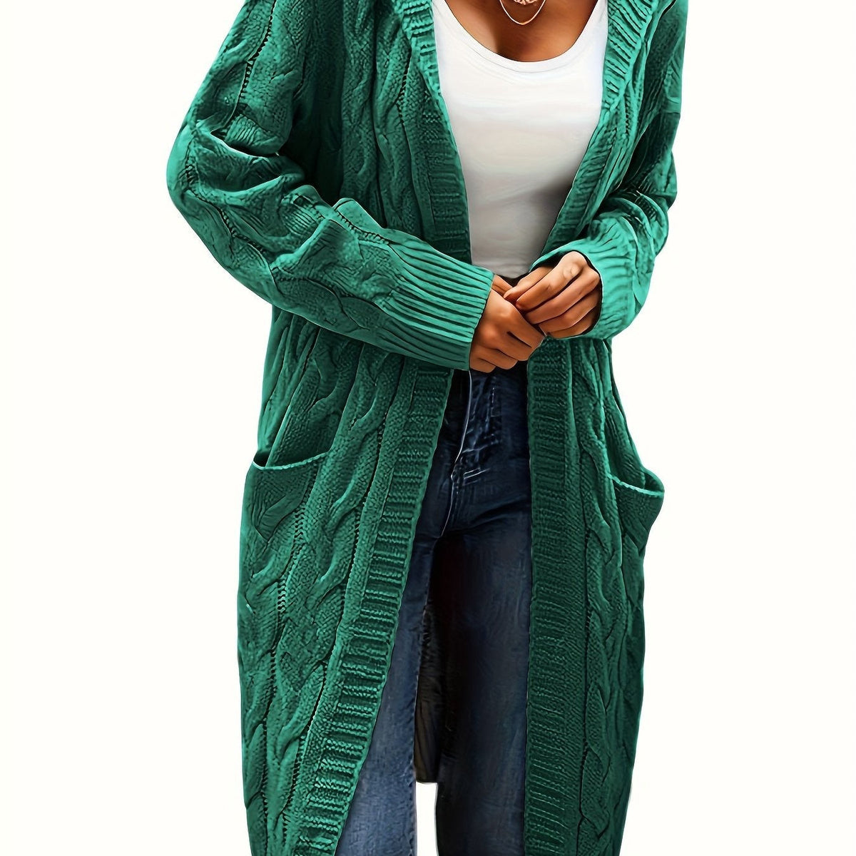 Cable-knit hooded longline cardigan