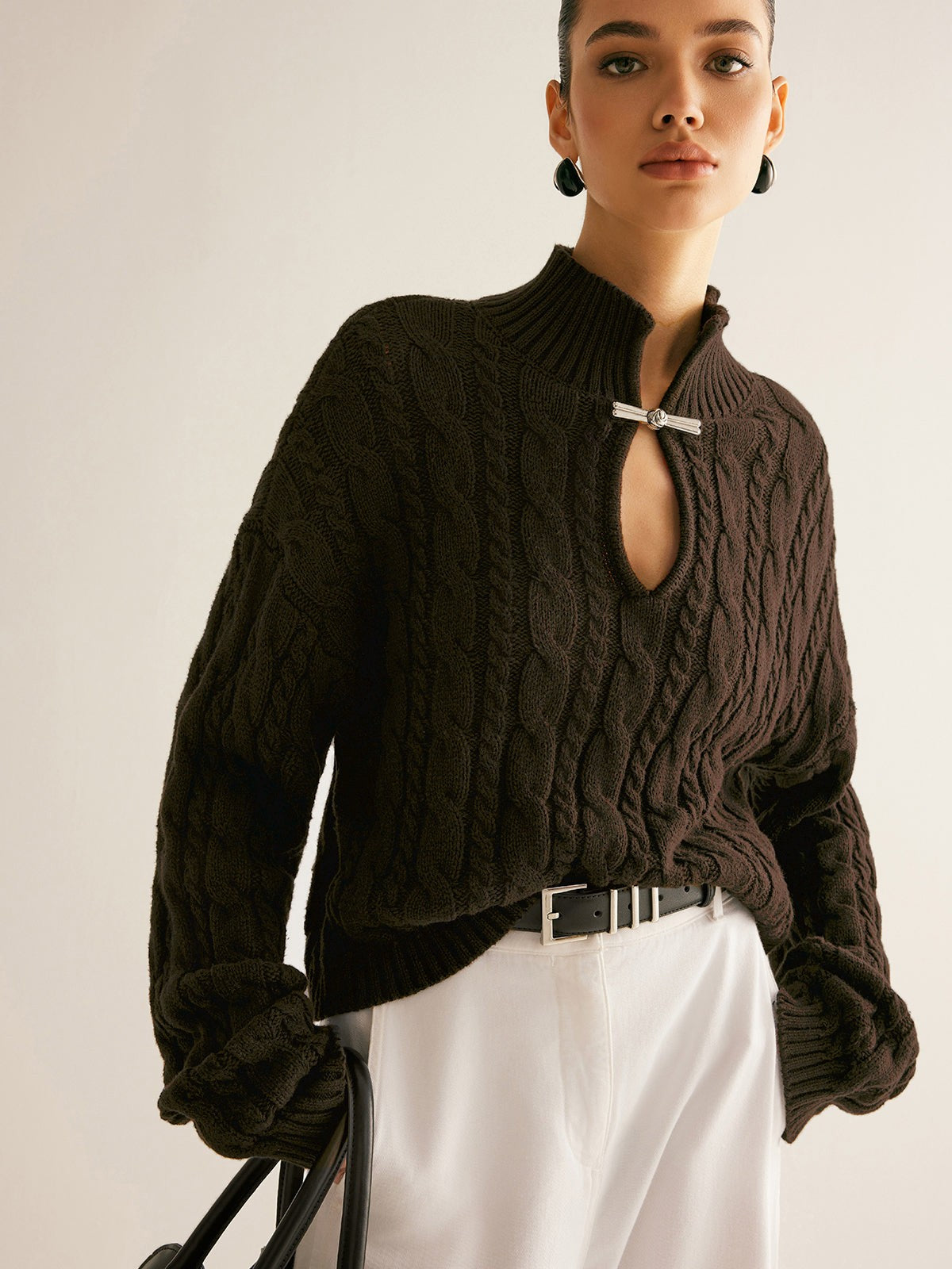 Dark Brown cable knit keyhole high neck jumper