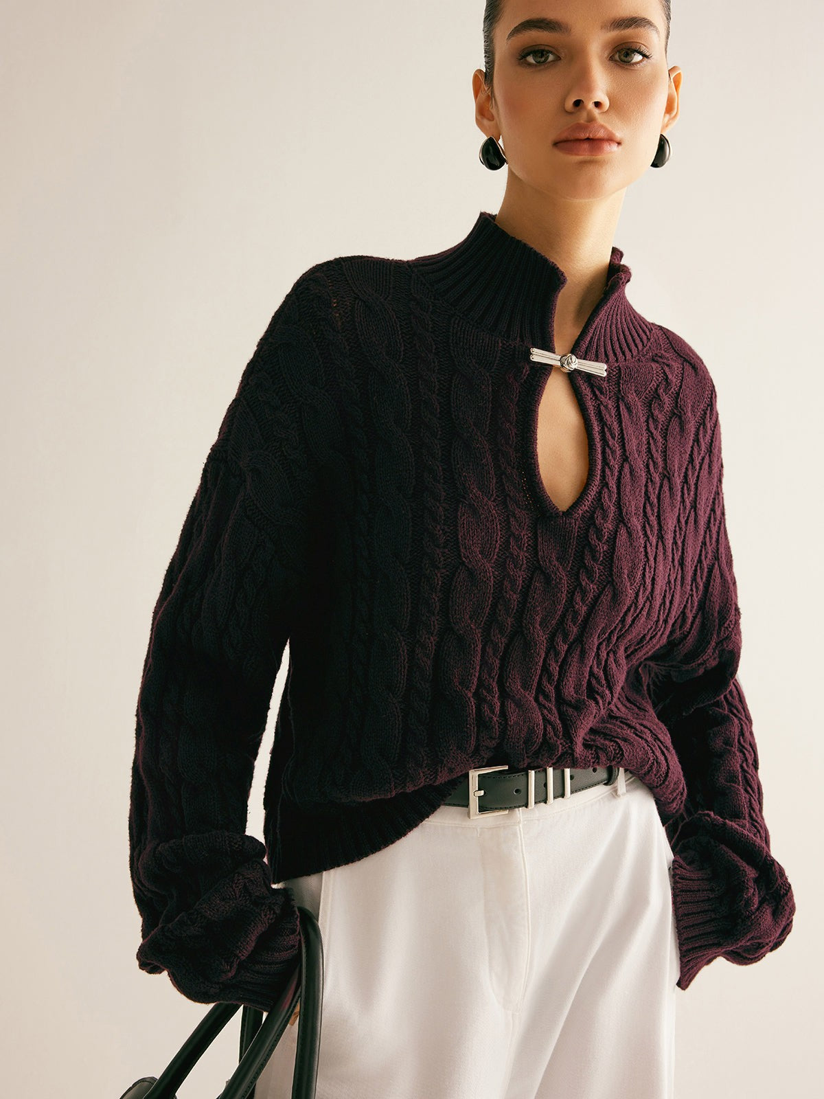 Fuchsia cable knit keyhole high neck jumper