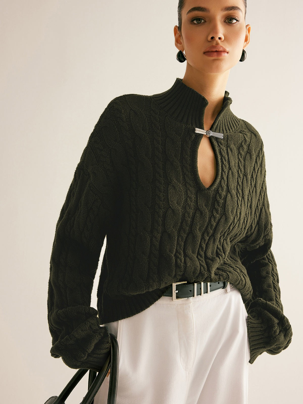 Army Green cable knit keyhole high neck jumper