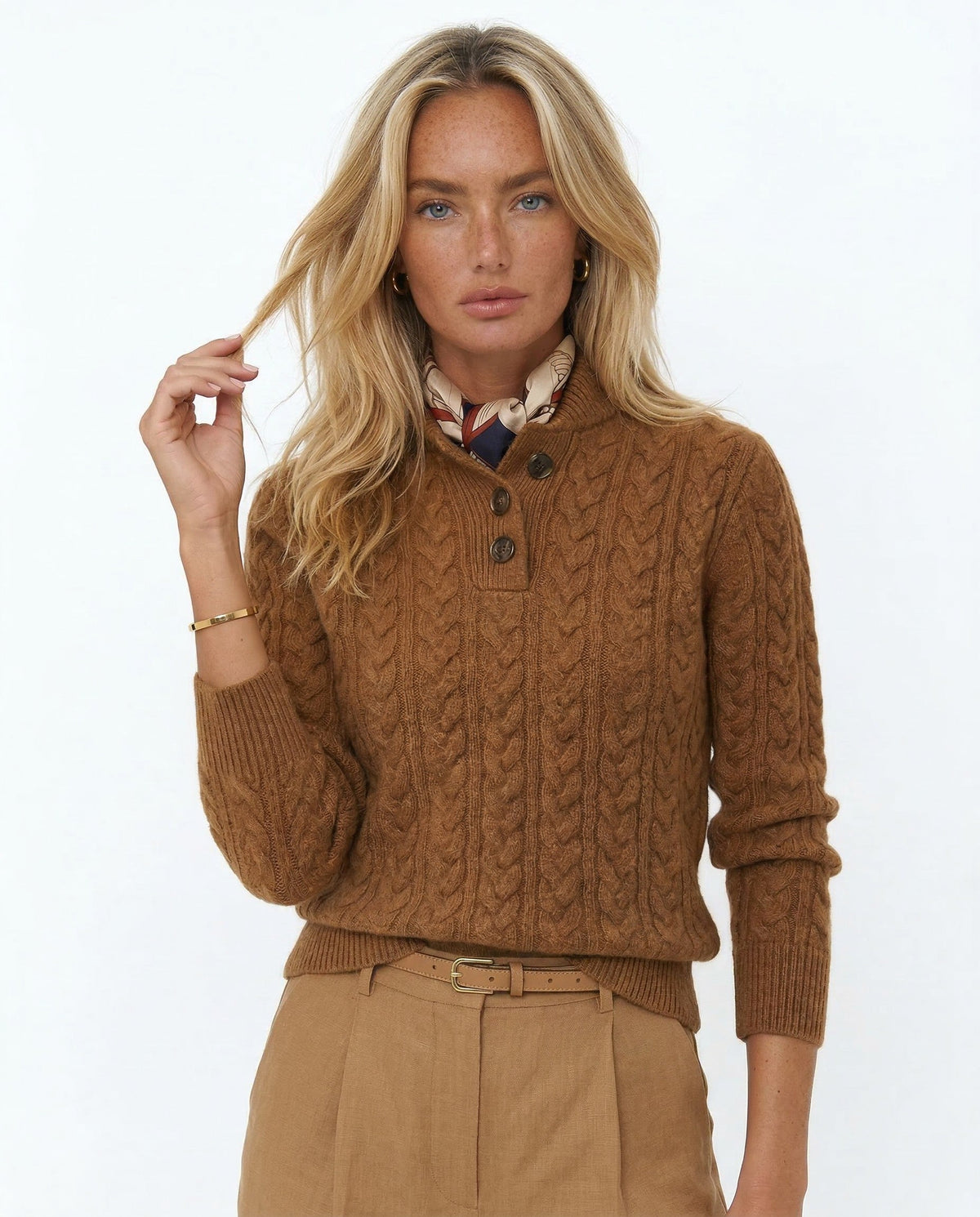 Vintage cable knit merino button-neck jumper