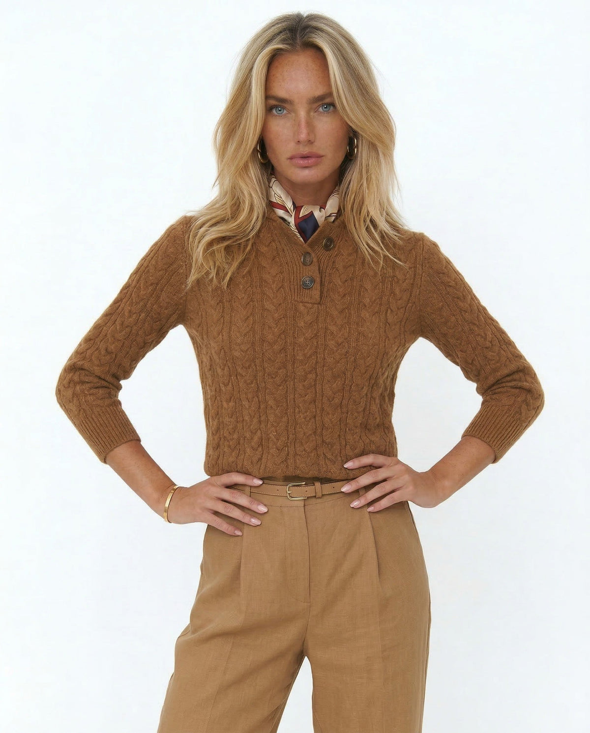 Cable knit merino button-neck jumper