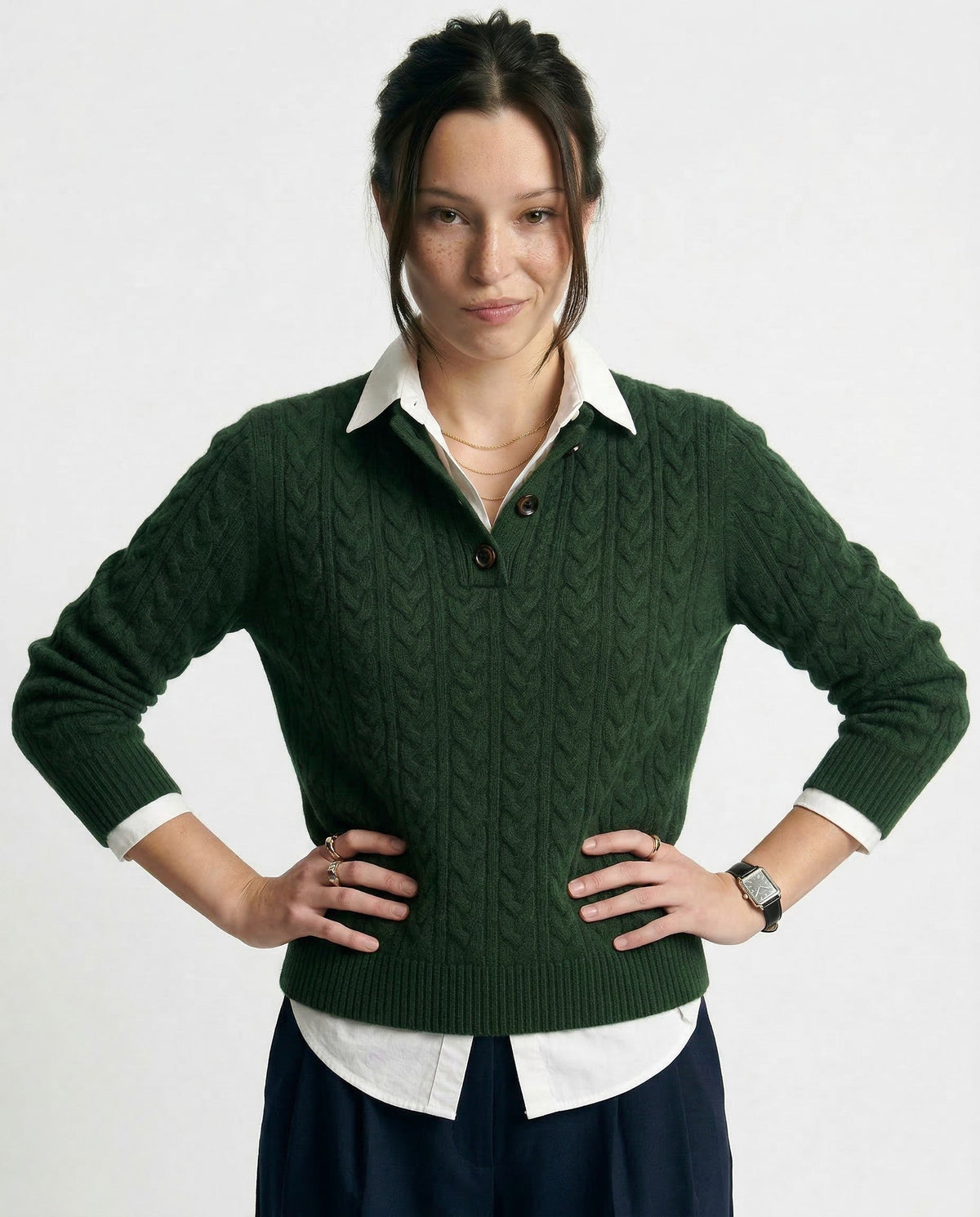 Cable knit merino button-neck jumper