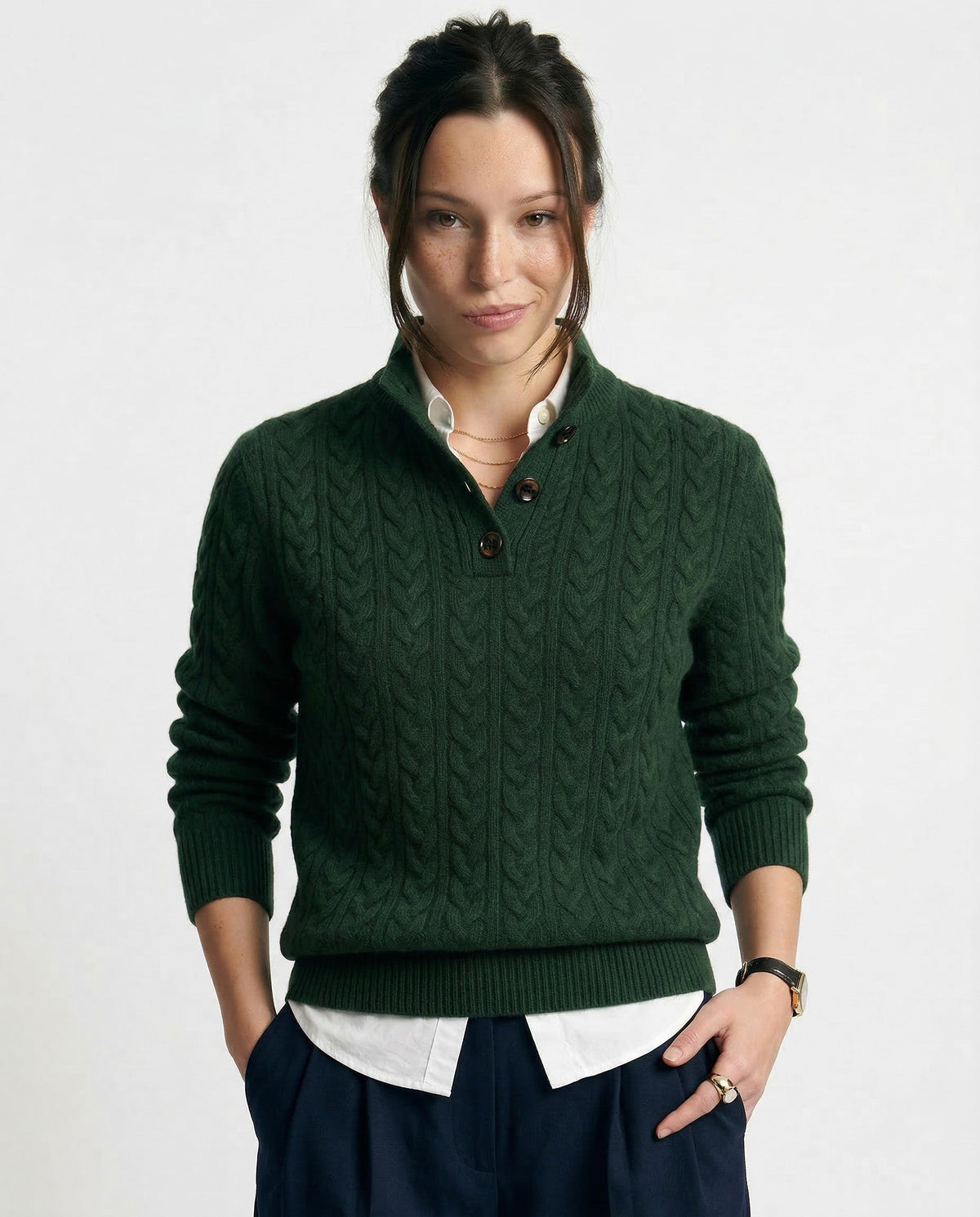 Olive cable knit merino button-neck jumper