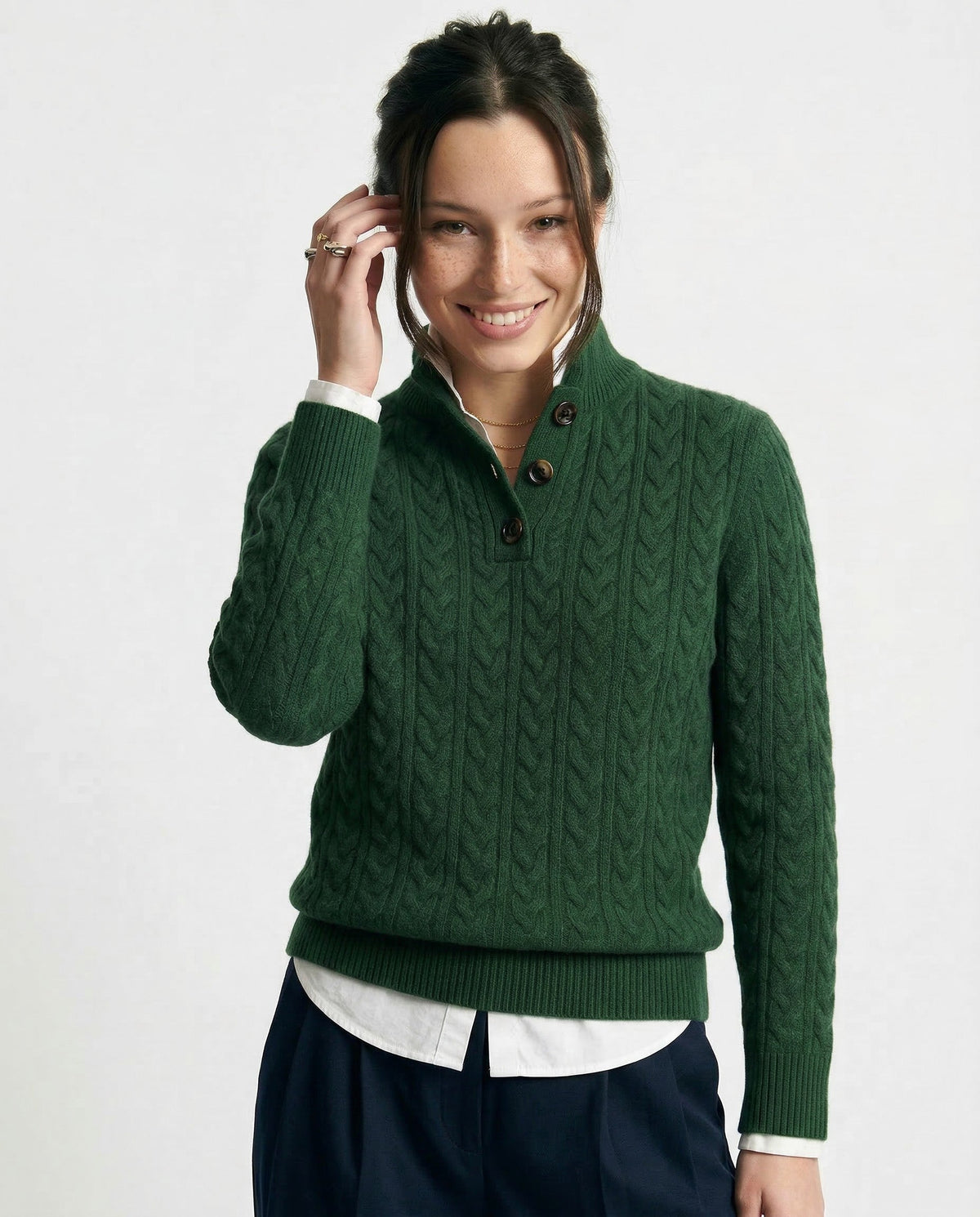 Cable knit merino button-neck jumper