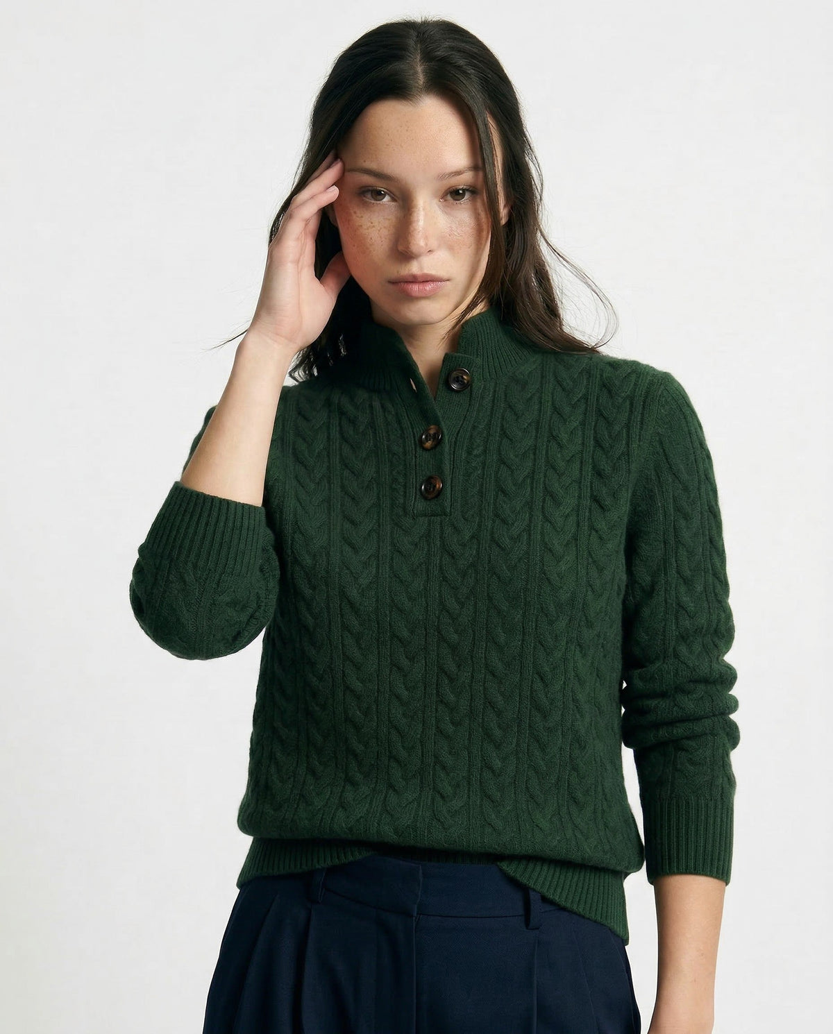 Cable knit merino button-neck jumper