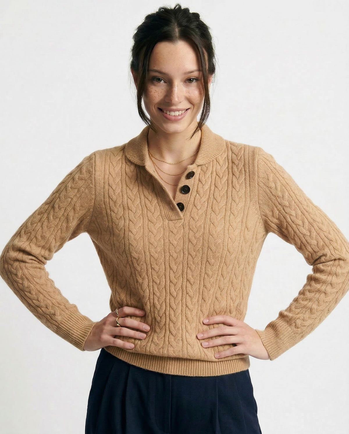 Khaki cable knit merino button-neck jumper