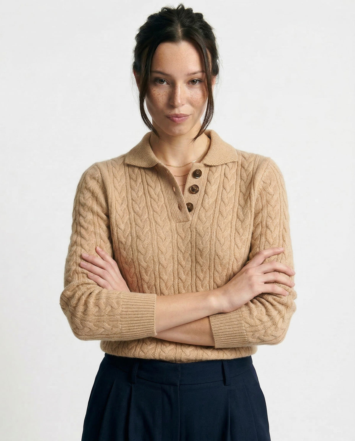 Cable knit merino button-neck jumper