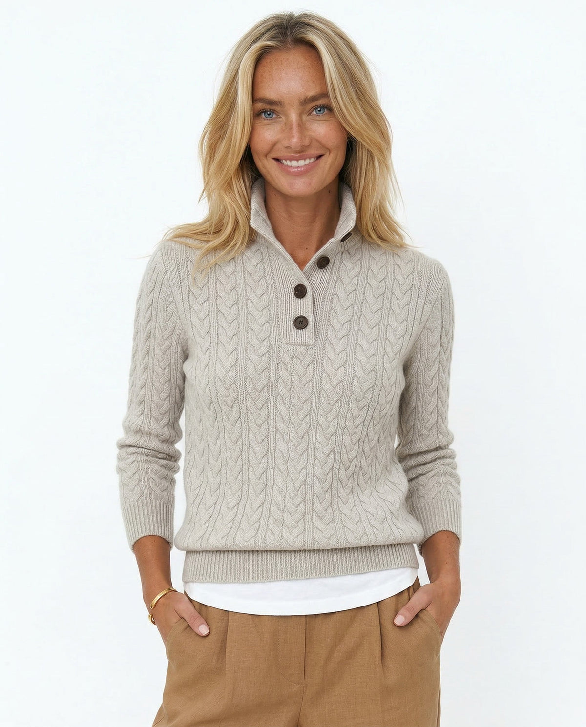 Cable knit merino button-neck jumper