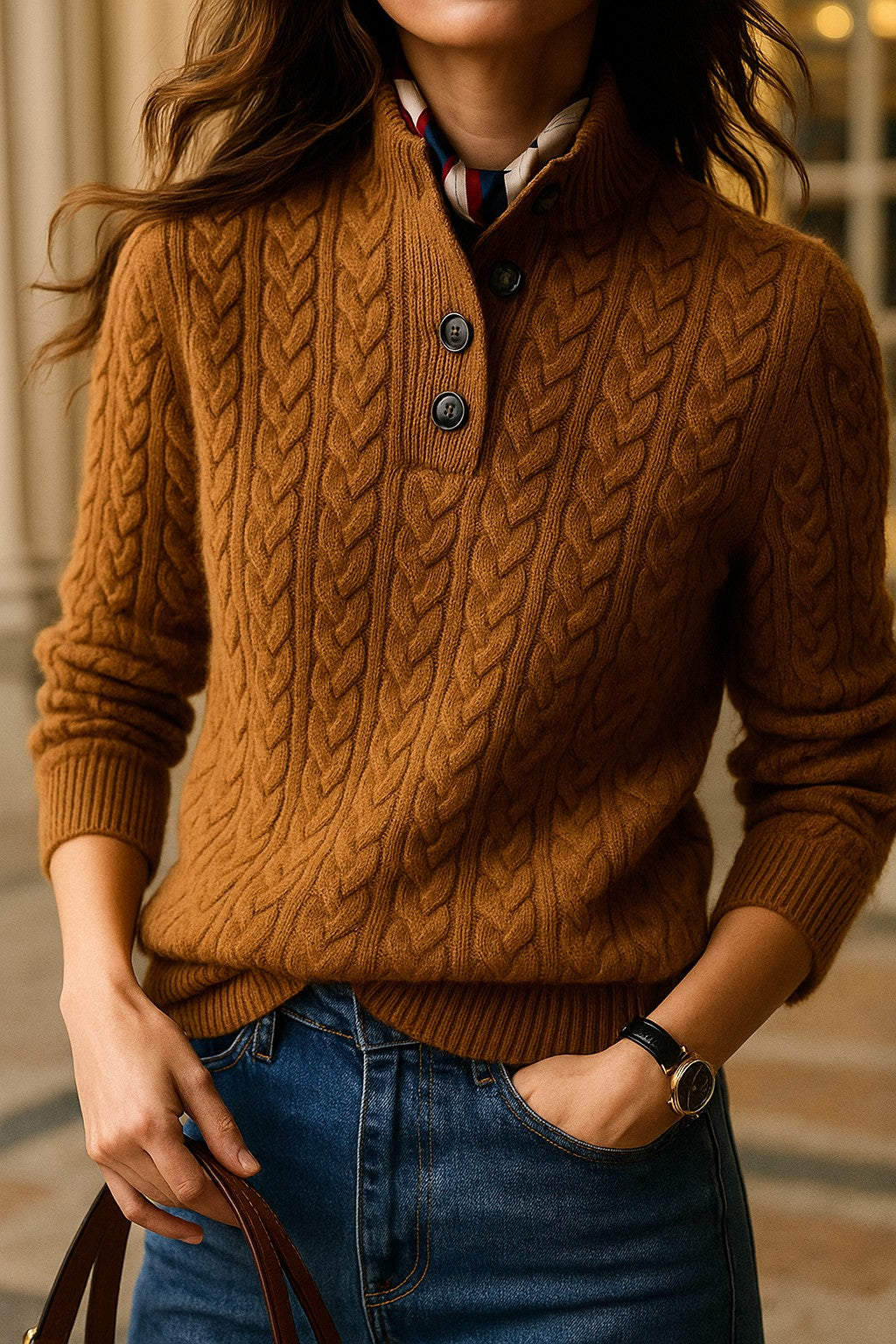 Cable knit merino button-neck jumper