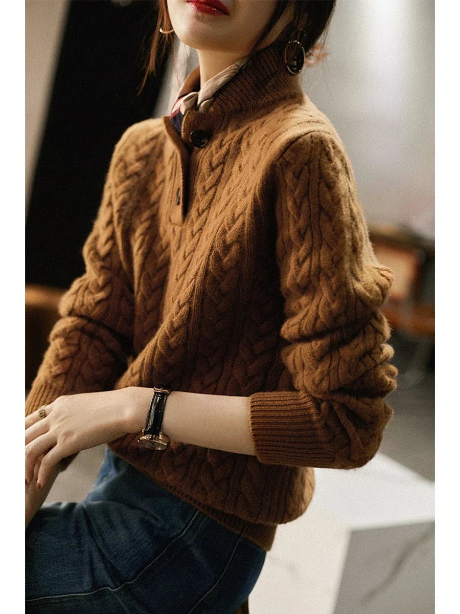Cable knit merino button-neck jumper