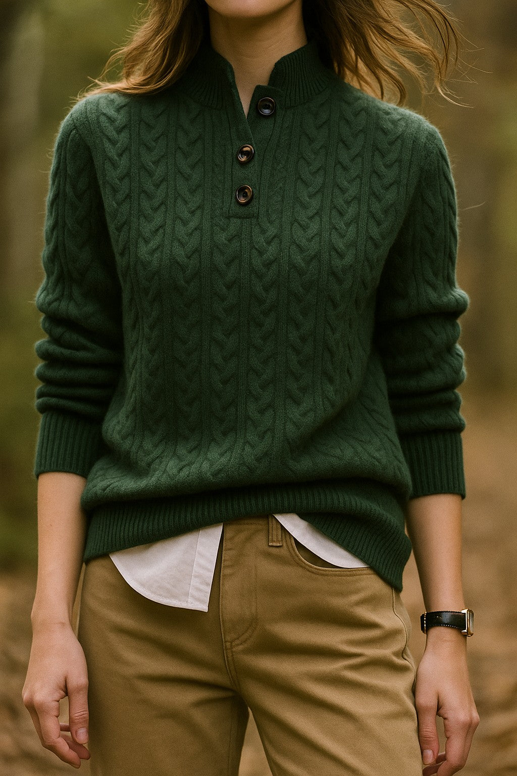 Cable knit merino button-neck jumper