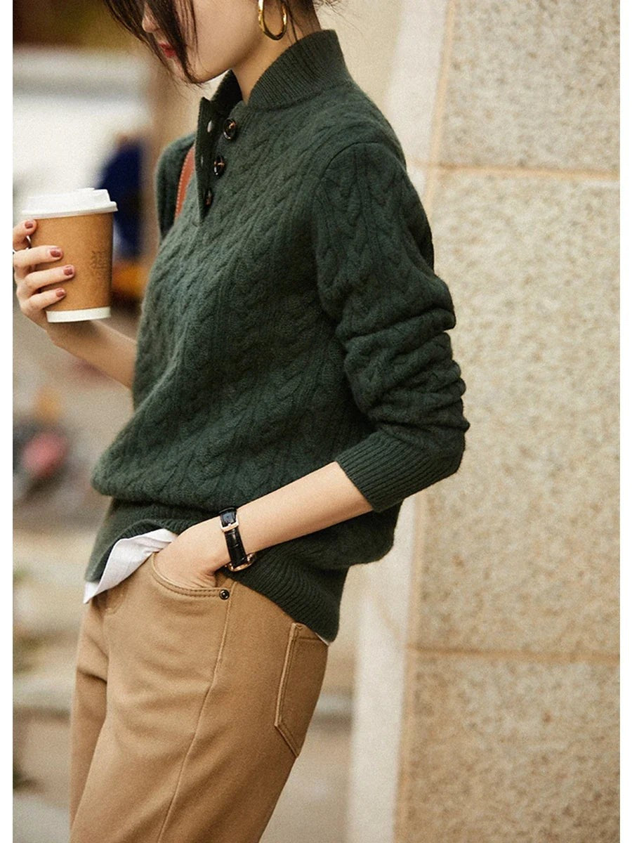 Cable knit merino button-neck jumper